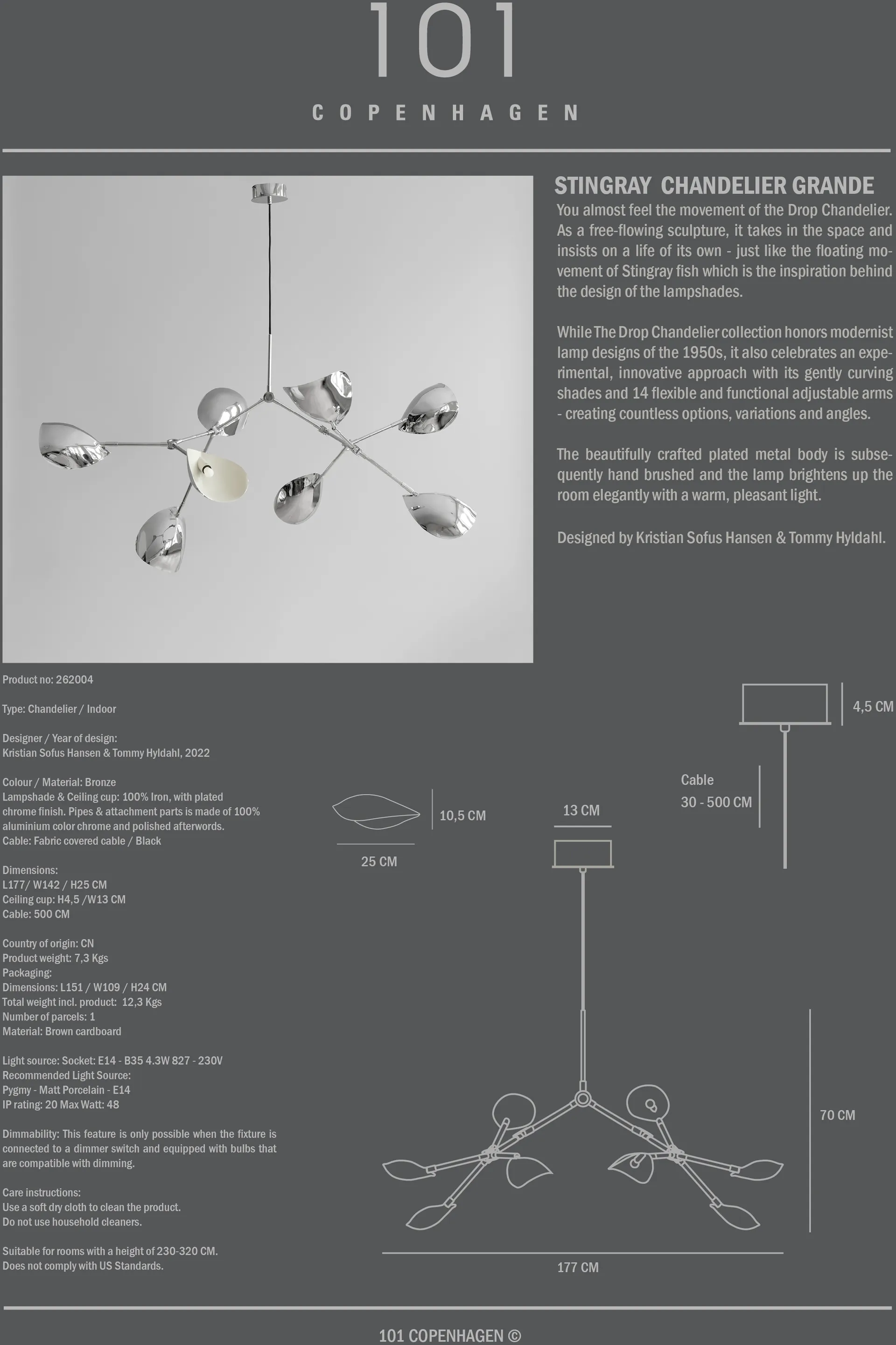 Stingray chandelier Grande, Chrome 101 Copenhagen