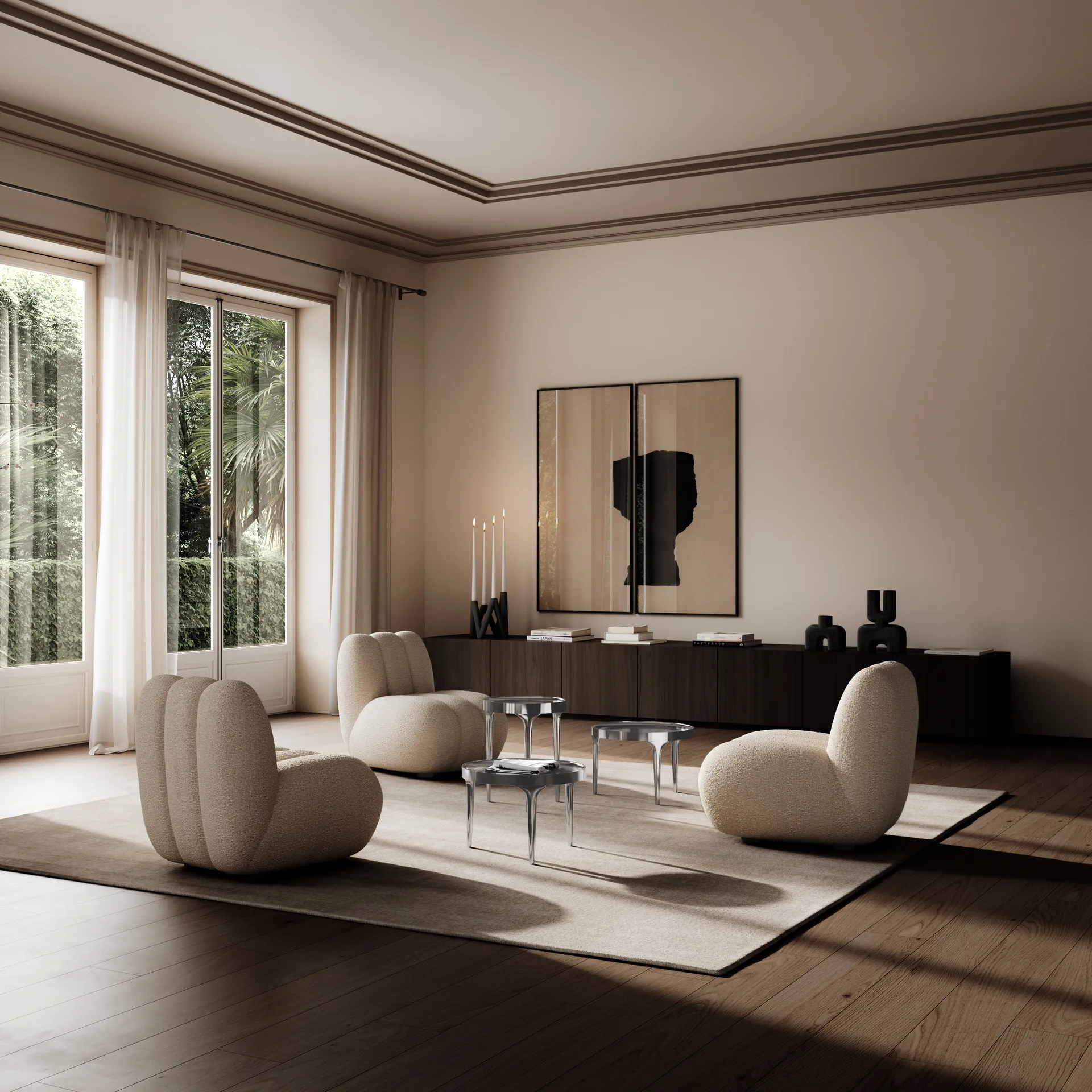 101 Copenhagen living room: three curved beige bouclé armchairs, three metallic coffee tables, and black sculptural vases.