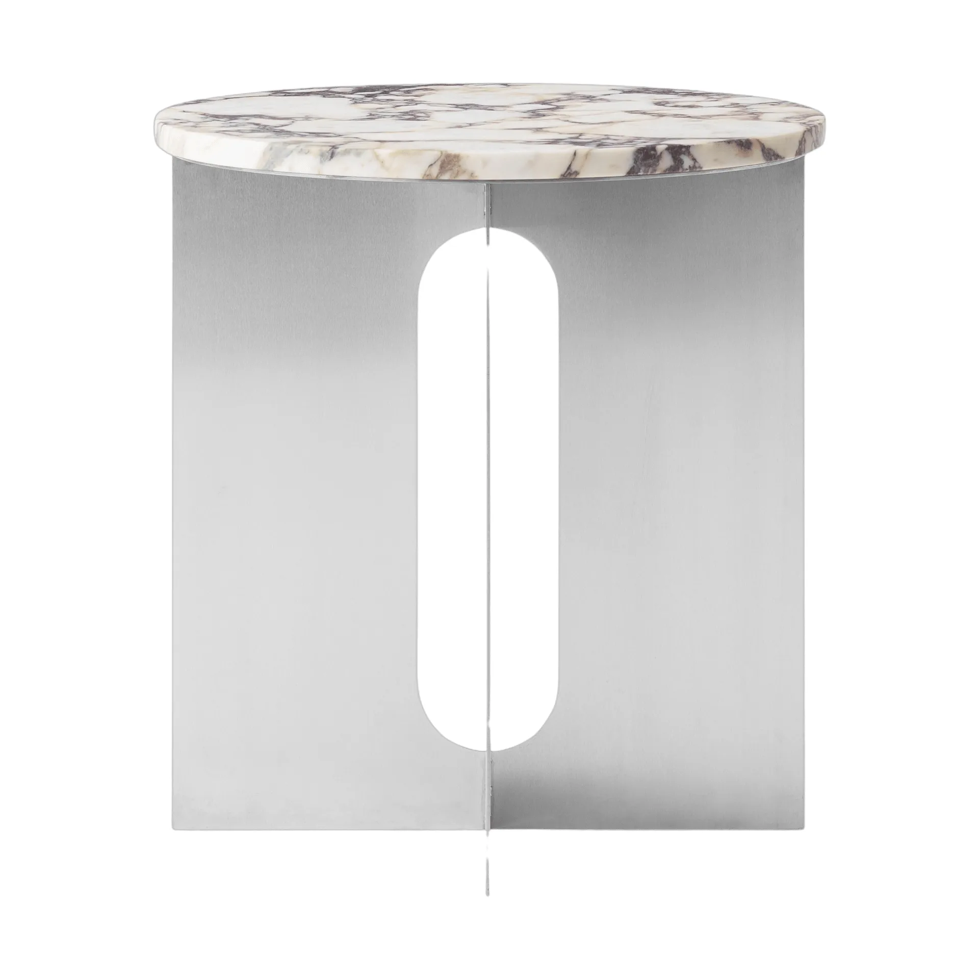 Androgyne side table, Calacatta Viola marble-brushed steel, Ø42 cm Audo Copenhagen