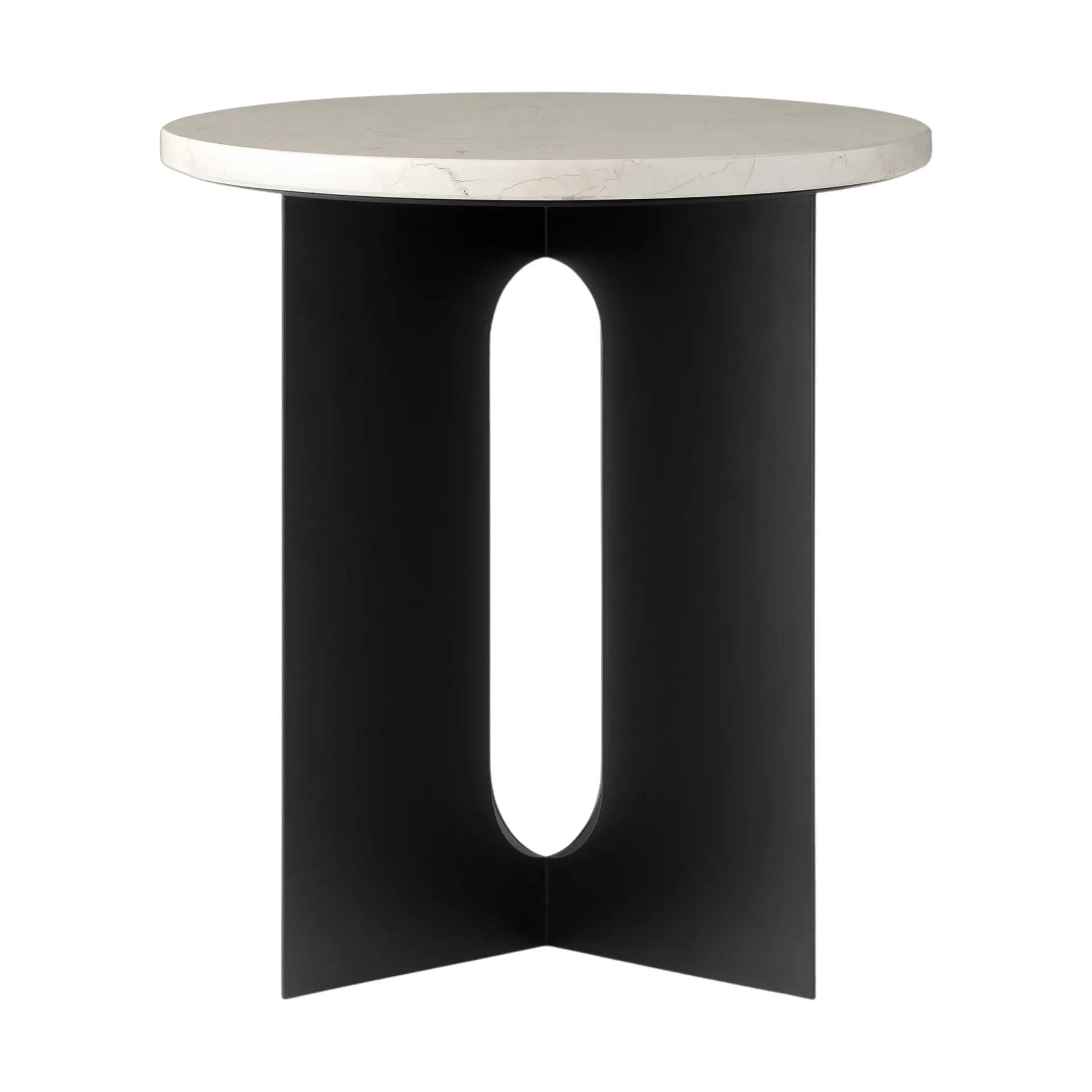 Androgyne side table, Crystal Rose marble-black steel, Ø42 cm Audo Copenhagen