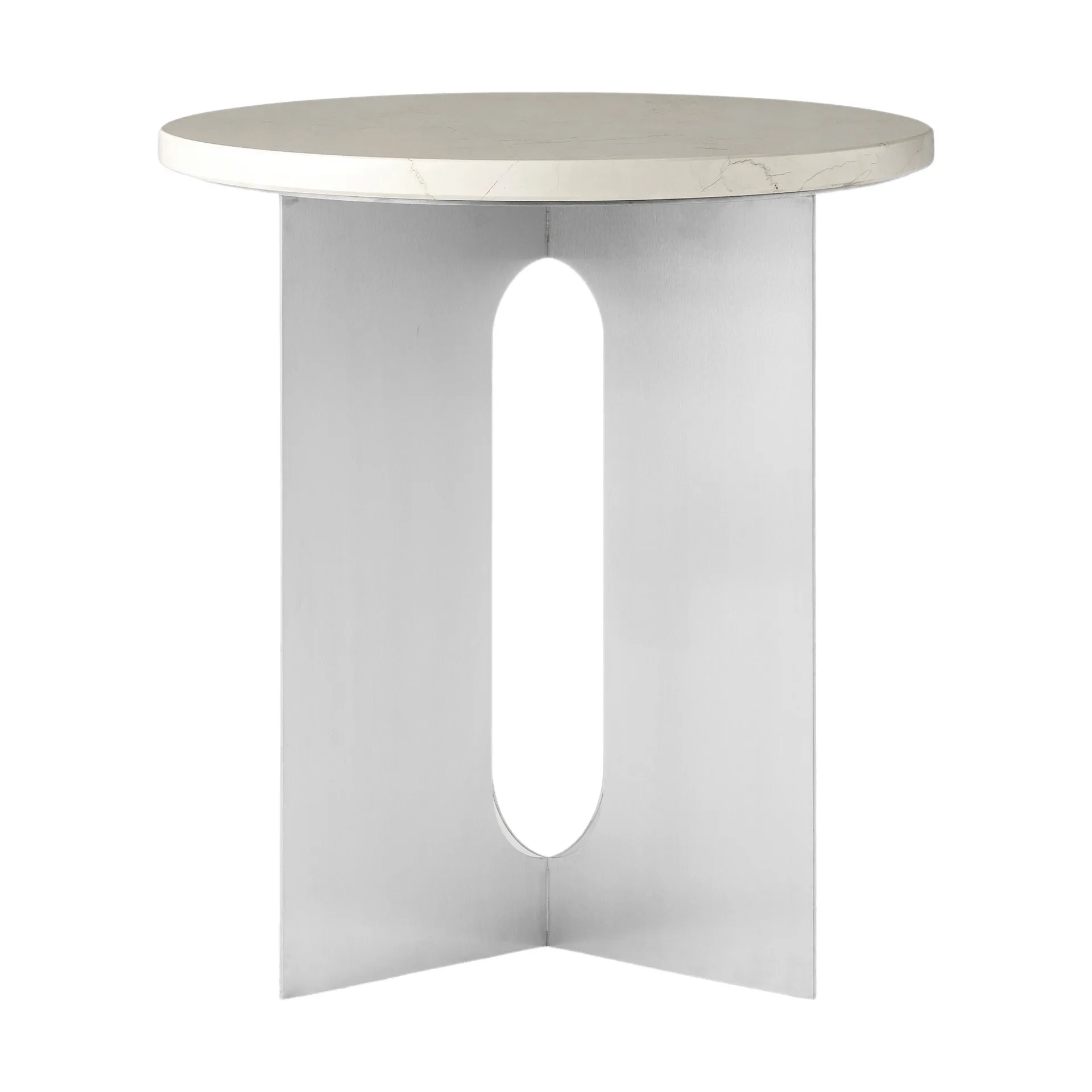 Androgyne side table, Crystal Rose marble-brushed steel, Ø42 cm Audo Copenhagen