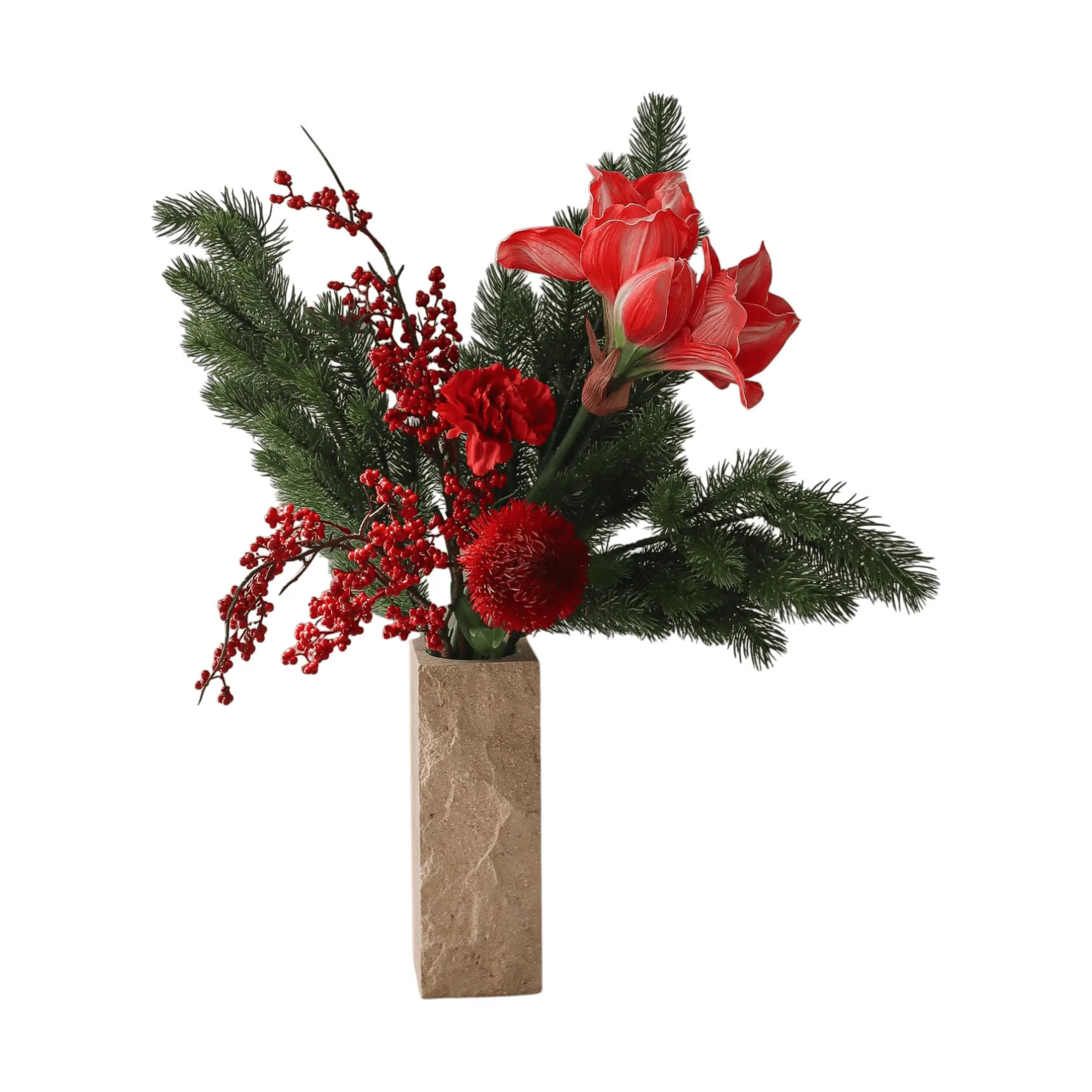 Red spritz artificial bouquet, Amaryllis, carnation, berry branches, spruce branches, 72 cm Botané
