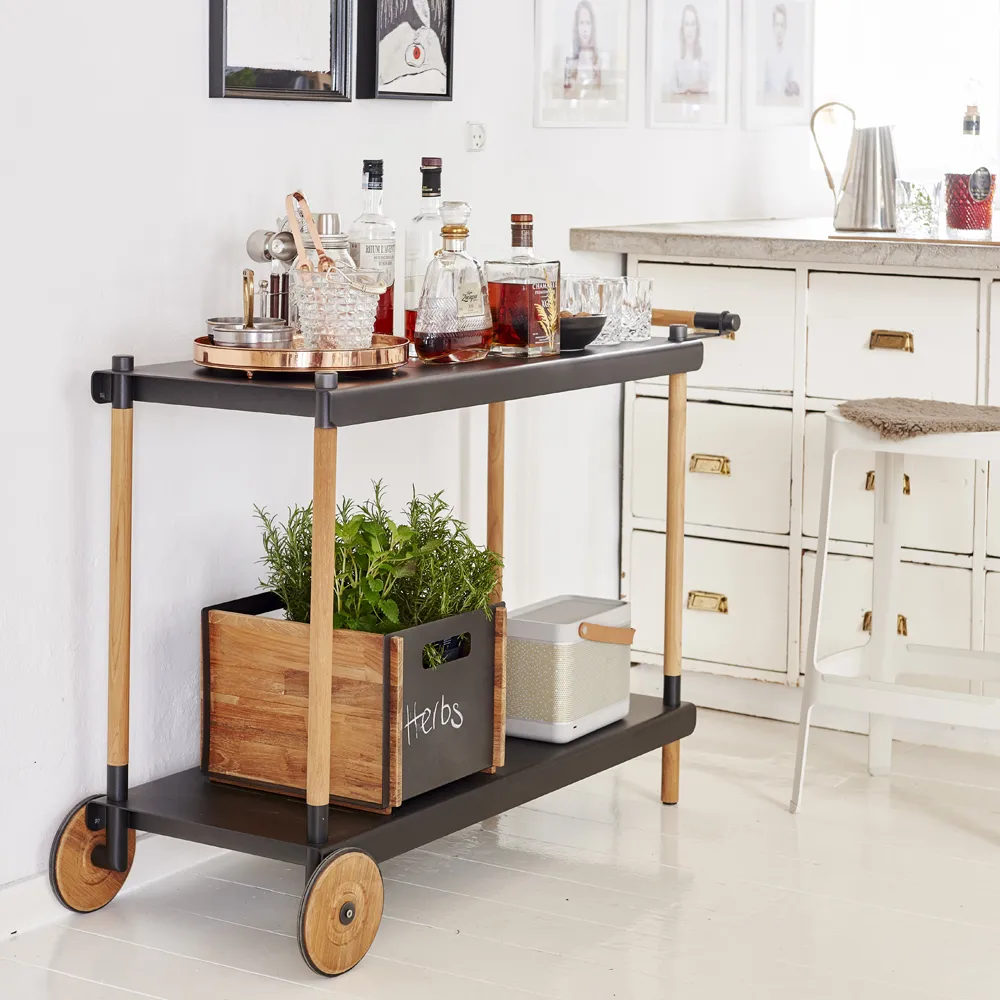 Frame serving trolley, Lava grey, teak stand Cane-line
