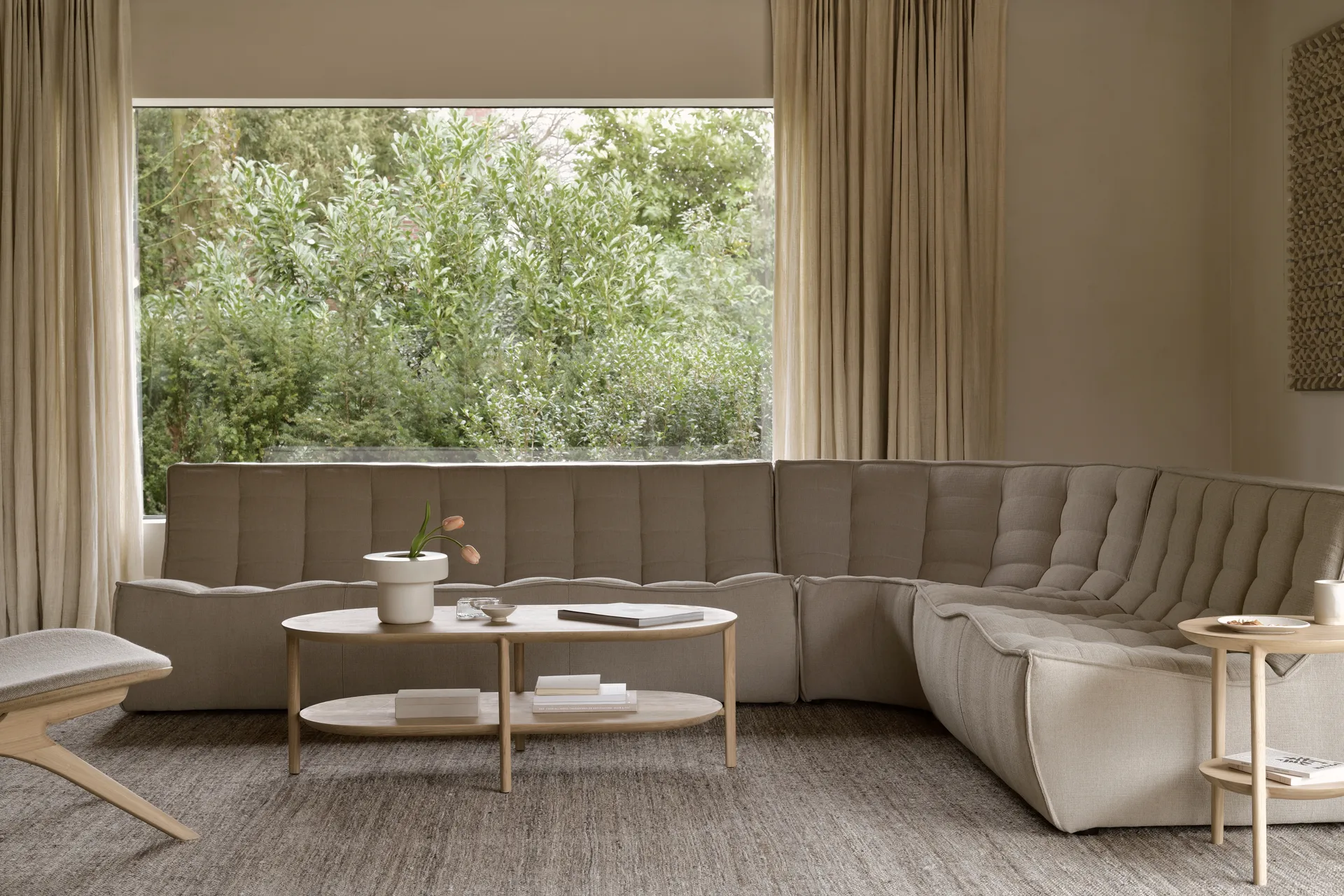 N701 modular corner sofa with rounded corner, fabric Ecru Beige, 301x171 cm Ethnicraft