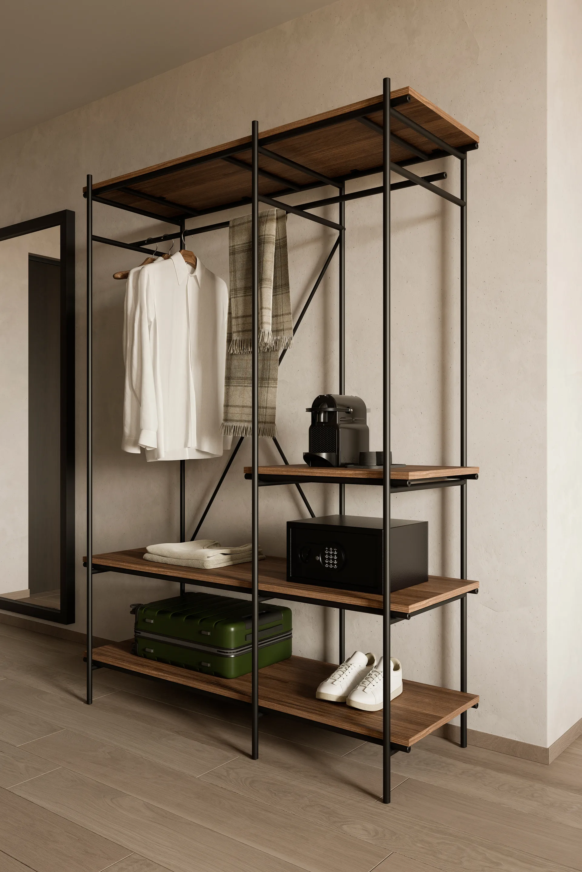Oscar hallway furniture/floor shelf, Dark stained teak Ethnicraft