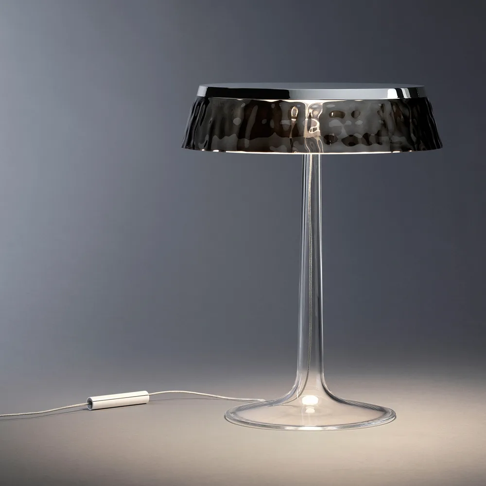 Bon Jour T table lamp, Chrome, soft fabric lampshade Flos