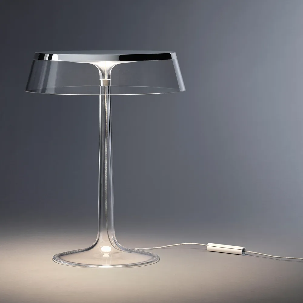 Bon Jour T table lamp, Chrome, soft fabric lampshade Flos