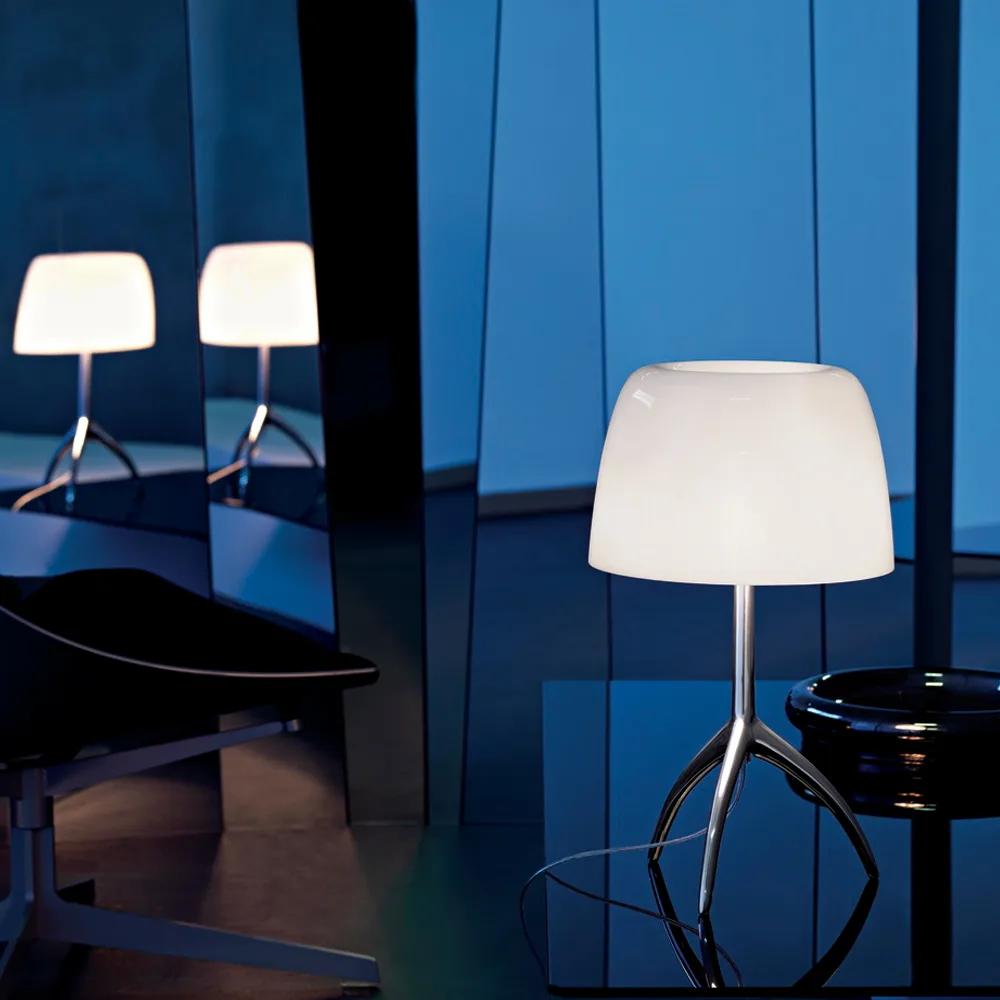Lumiere Piccola Dimmable table lamp, Cherry red shade–black chrome base Foscarini