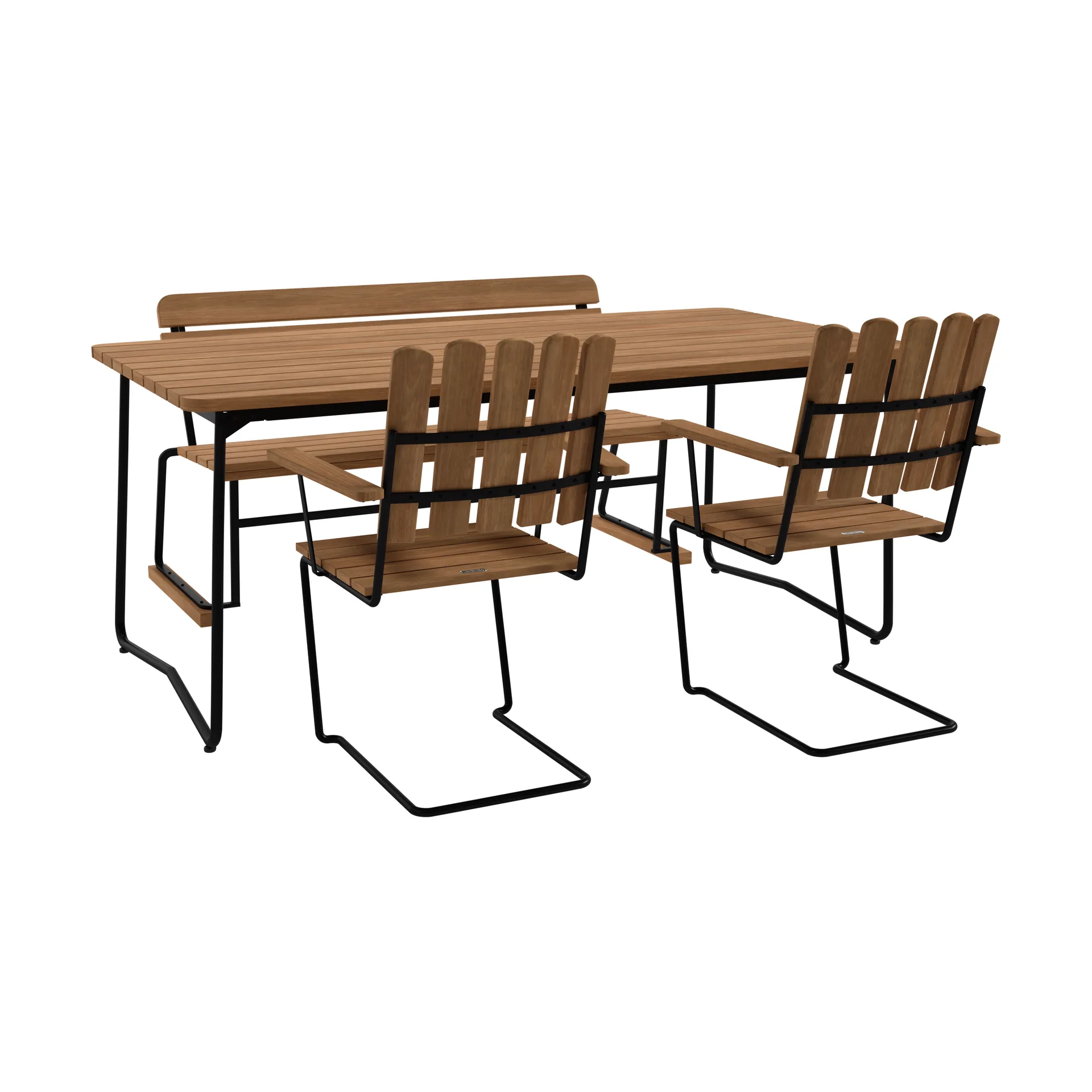 B31 table 170 cm + 2 A2 armchairs + 3 seater sofa, teak-black frame Grythyttan Stålmöbler