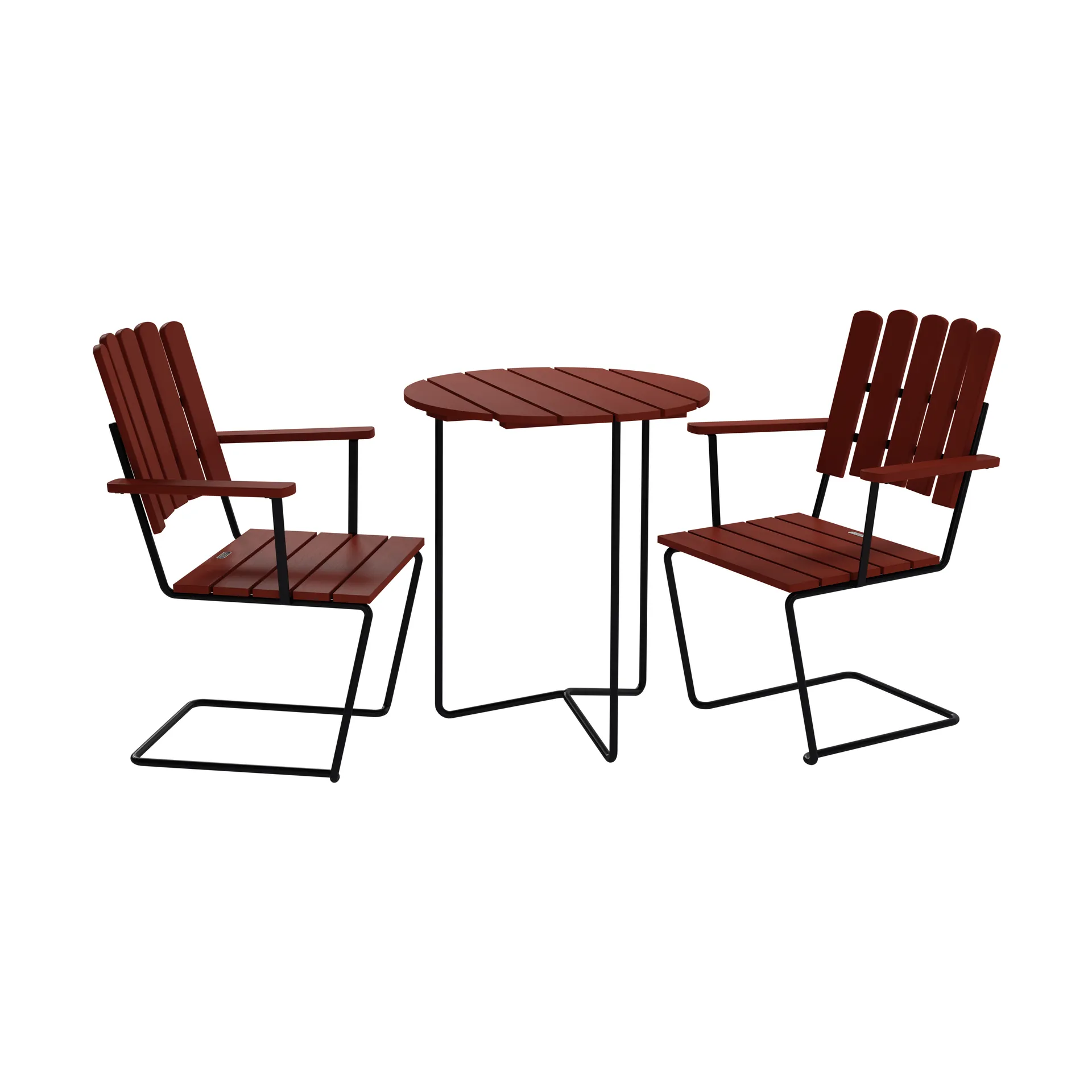 Table 6B table + 2 A2 armchairs, dark red oak-black Grythyttan Stålmöbler