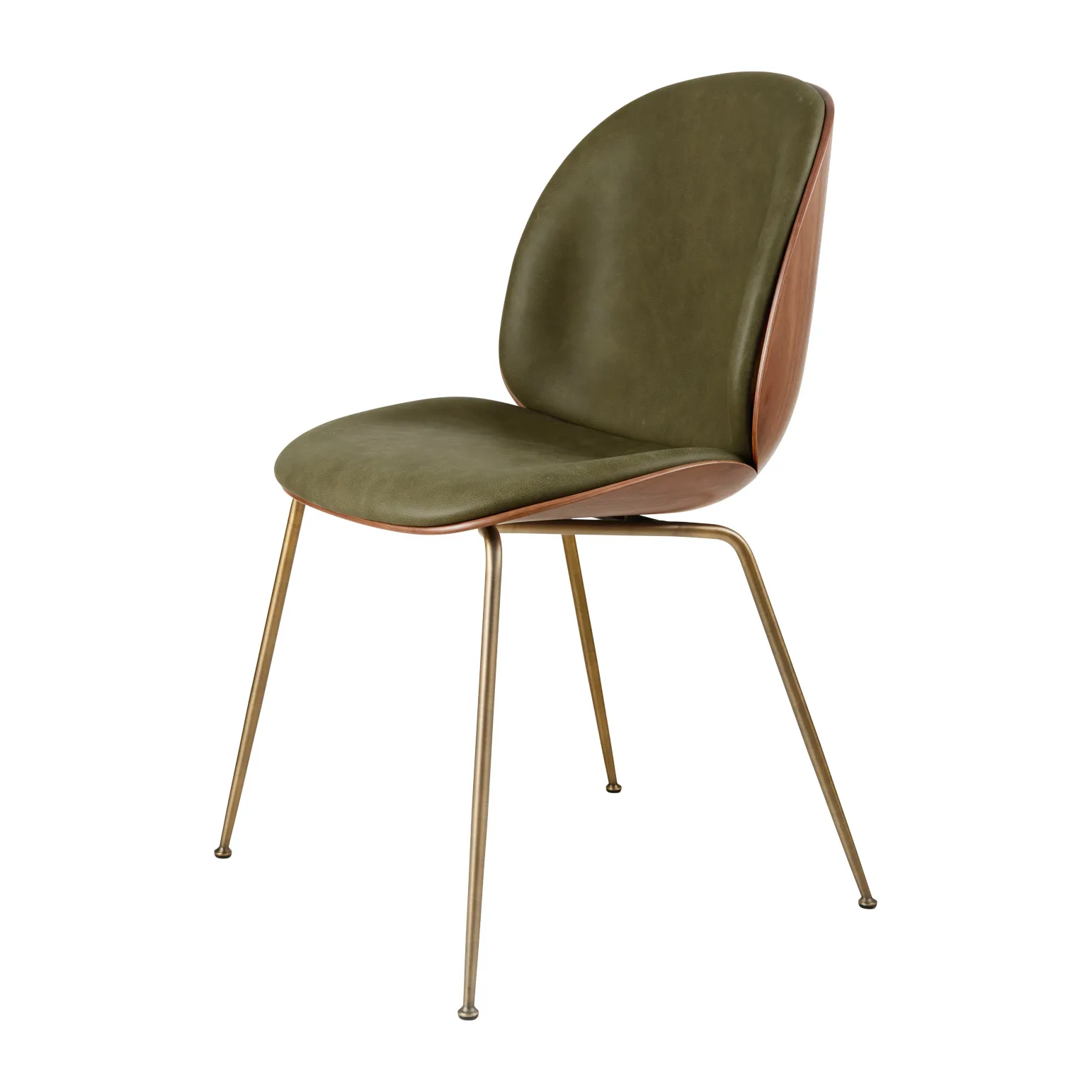 Beetle upholstered chair walnut, Antique brass-leather army GUBI