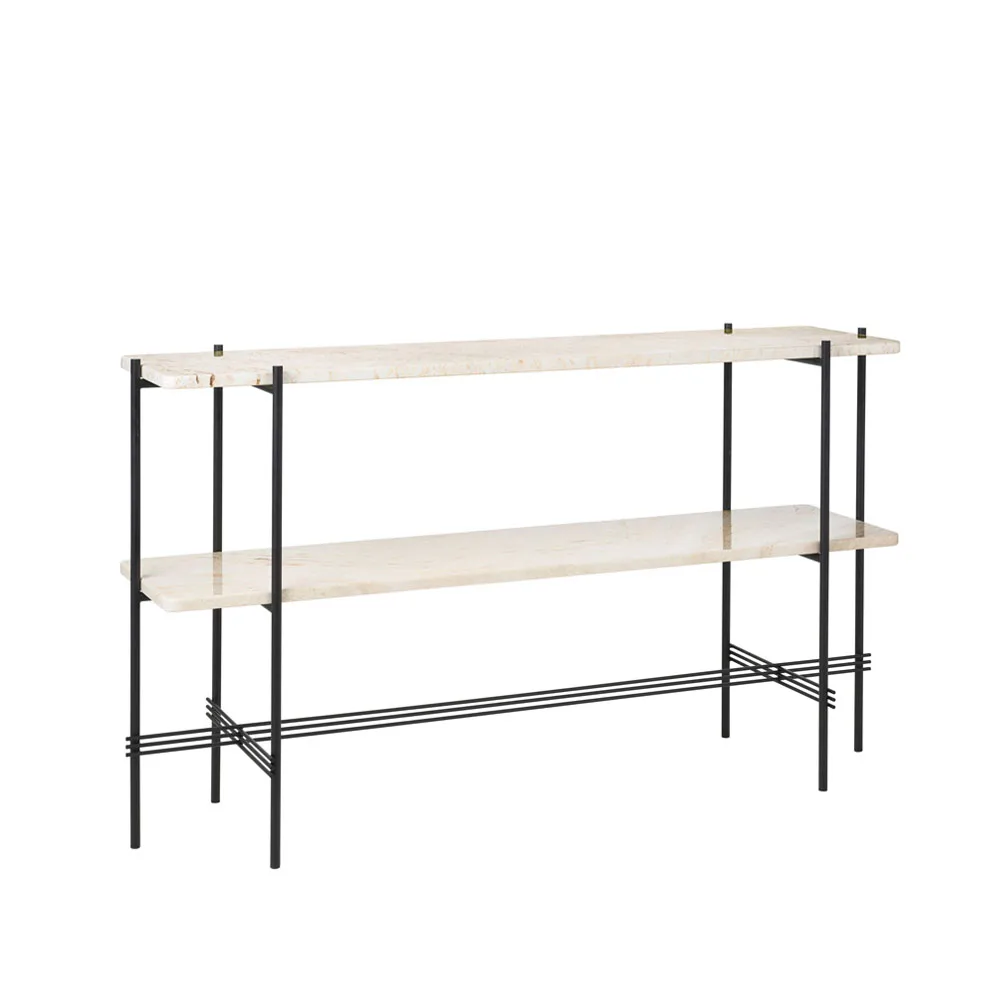 TS Console table 120x30x72 cm, Natural white travertine, black legs, 2 marble shelves GUBI