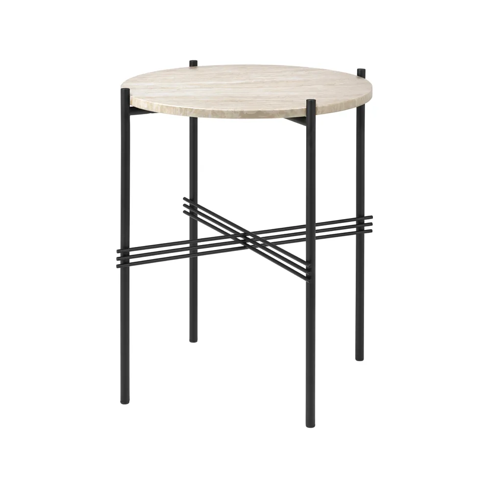 TS Outdoor side table, Natural white, black frame, travertine GUBI