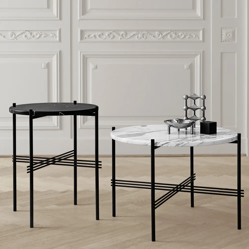 TS Round side table, Natural white travertine, ø40, black stand GUBI
