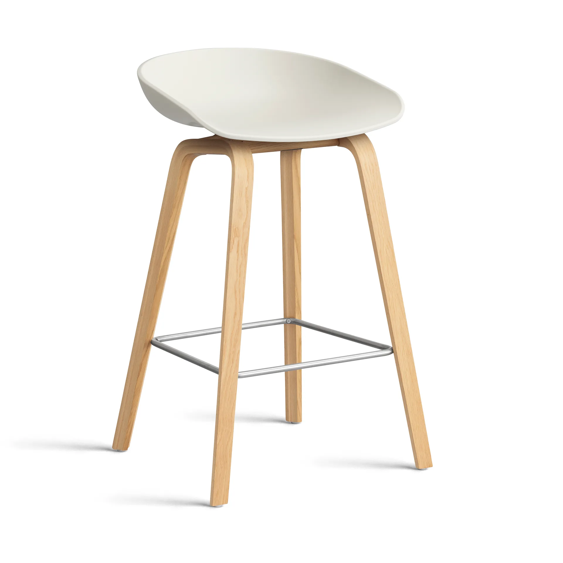 About a Stool AAL32 Low 2.0 bar stool lacquered oak base, Melange cream-stainless steel footrest HAY