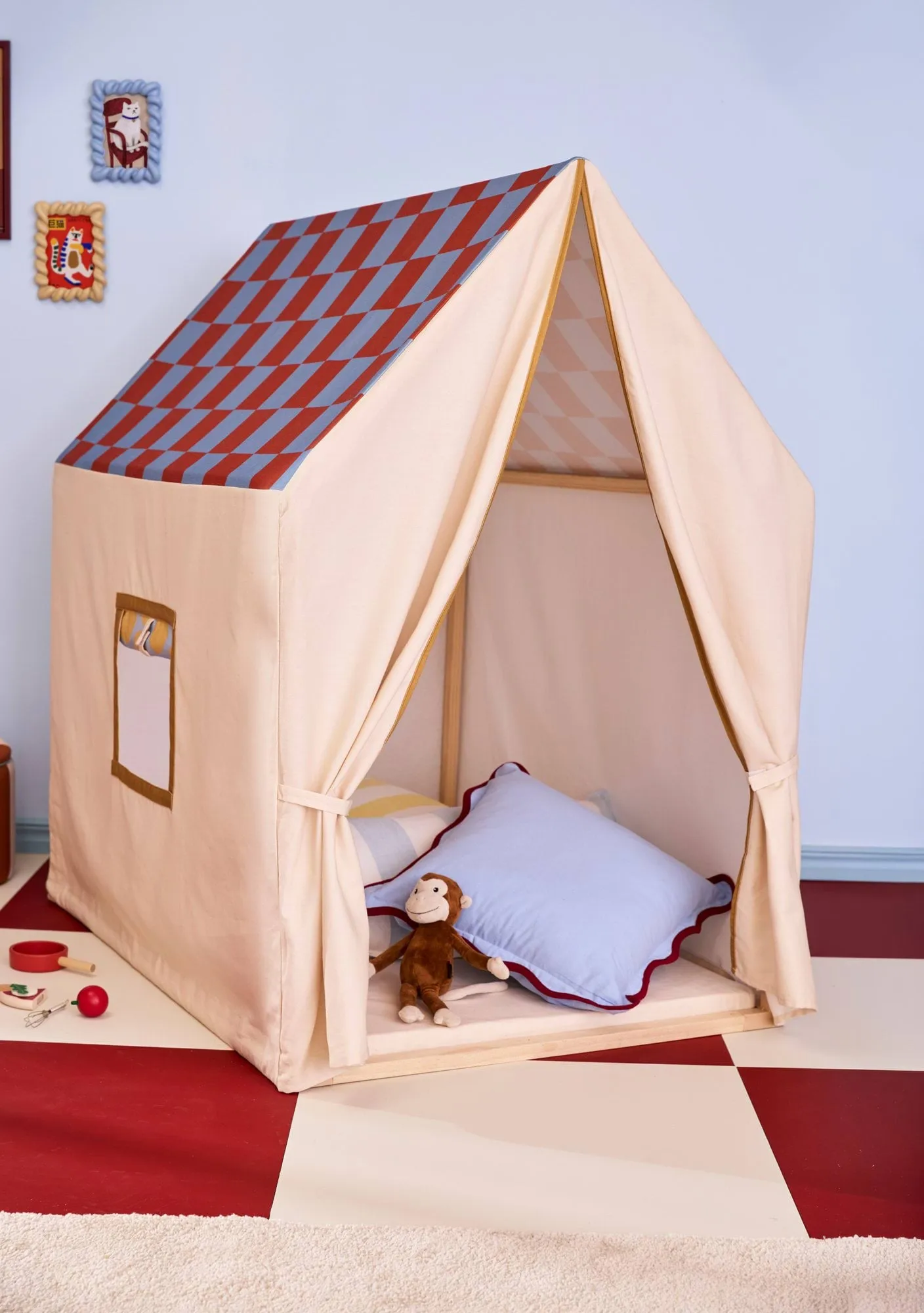 Playhouse tent, 110x80x124 cm, Dove blue check Kid's Concept