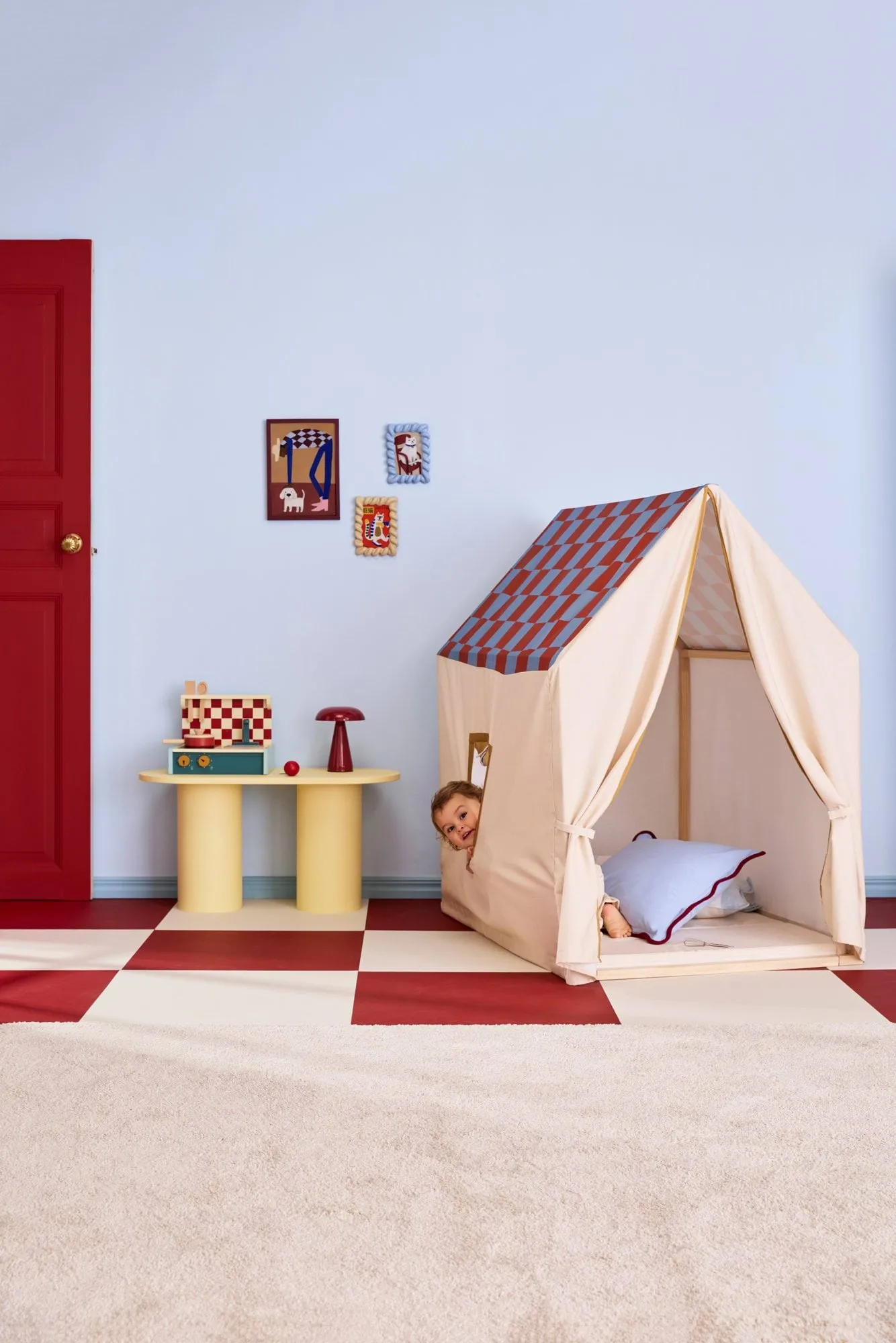 Playhouse tent, 110x80x124 cm, Dove blue check Kid's Concept