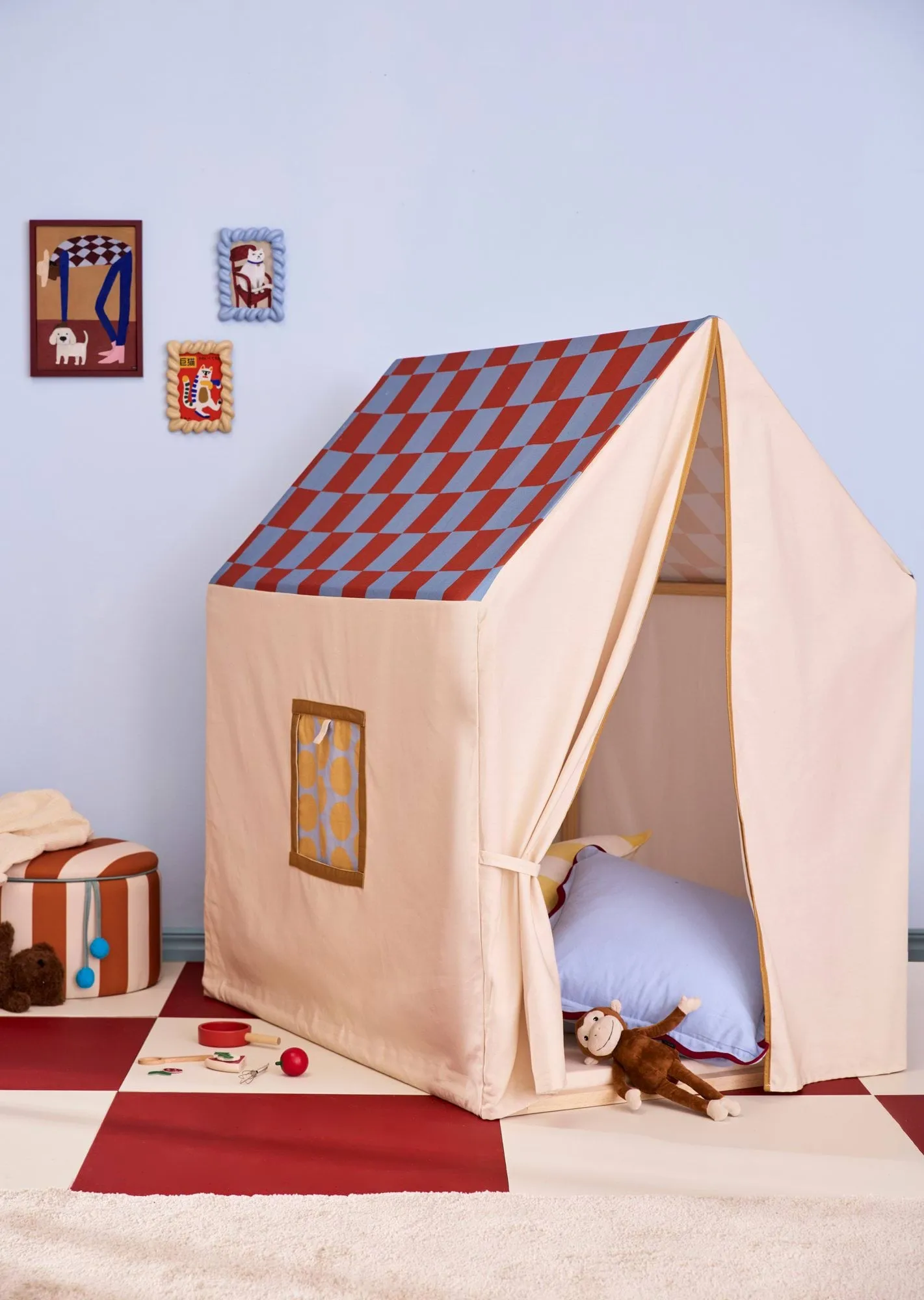 Playhouse tent, 110x80x124 cm, Dove blue check Kid's Concept
