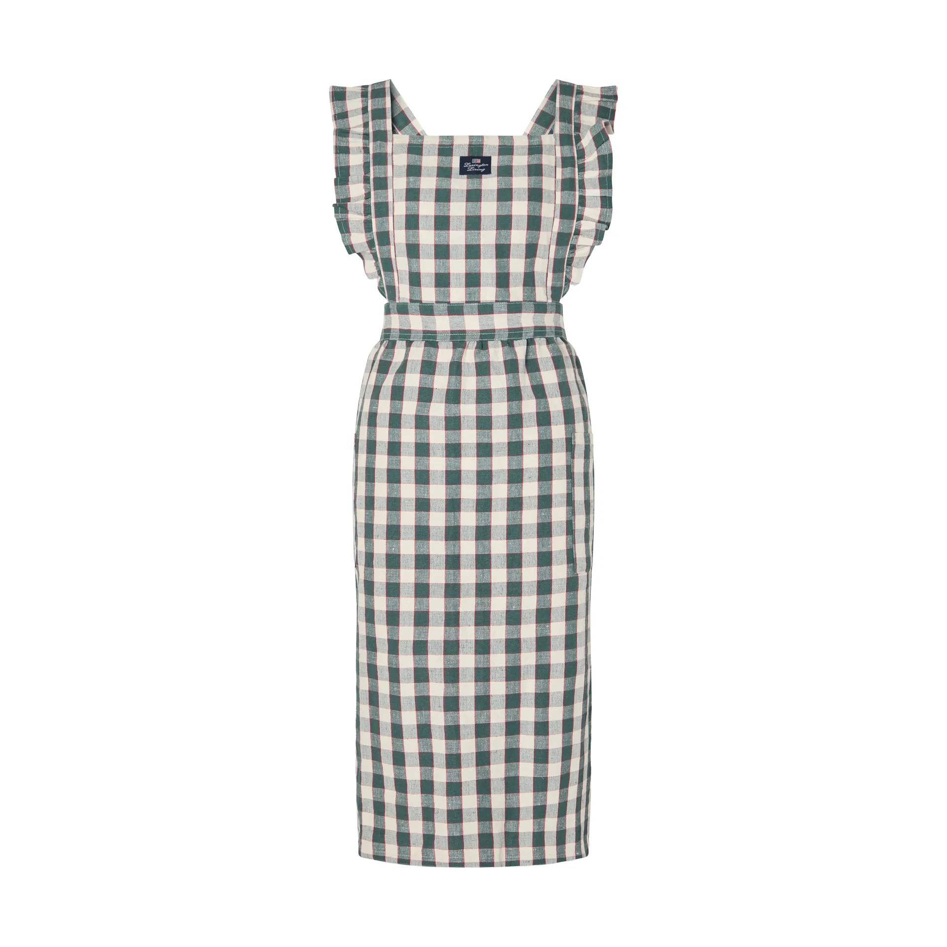 Checked cotton-linen apron, Green-Light beige-red Lexington