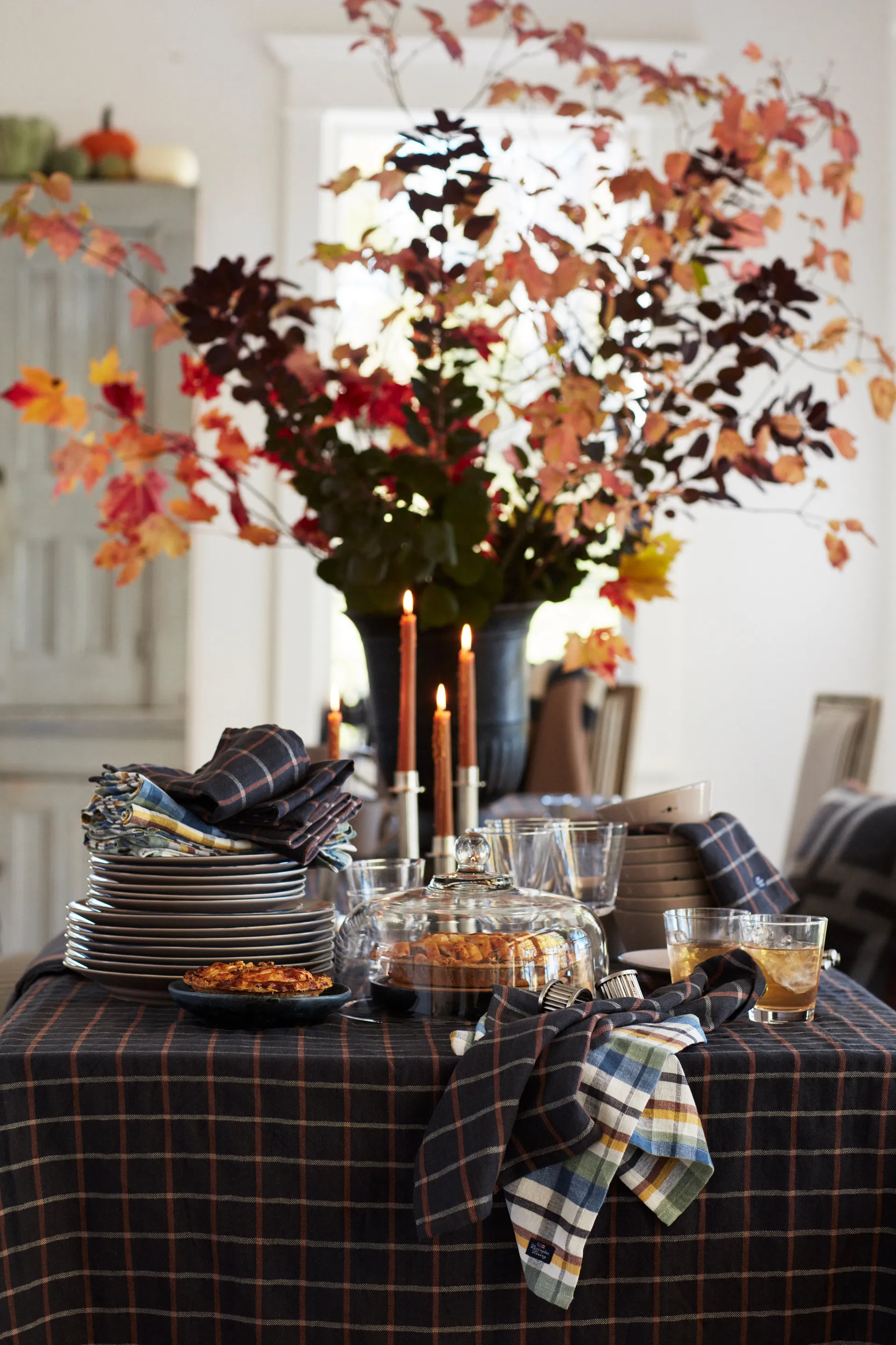 Checked Cotton Linen tablecloth 150x350 cm, Dark grey-beige Lexington