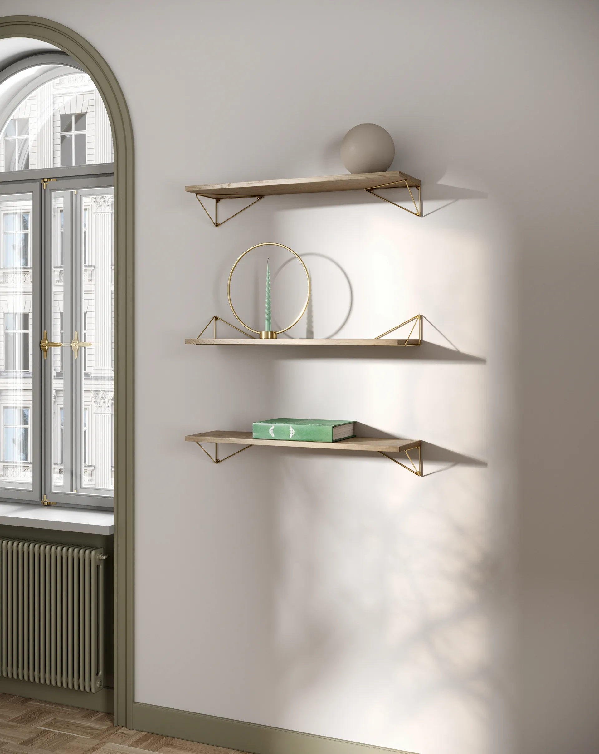 Pythagoras shelf, oak-brass, 20x80 cm Maze