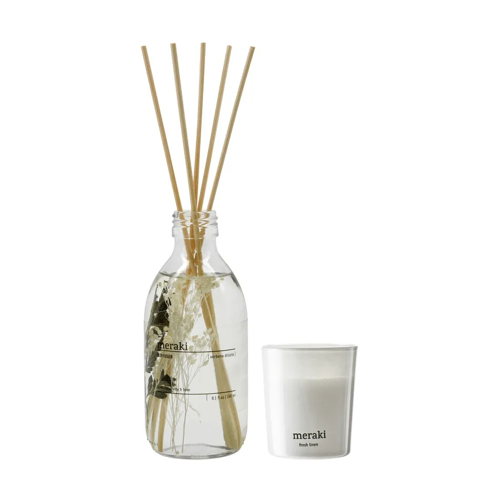 Meraki gift set reed diffuser and scented candle, Verbena drizzle-fresh linen Meraki