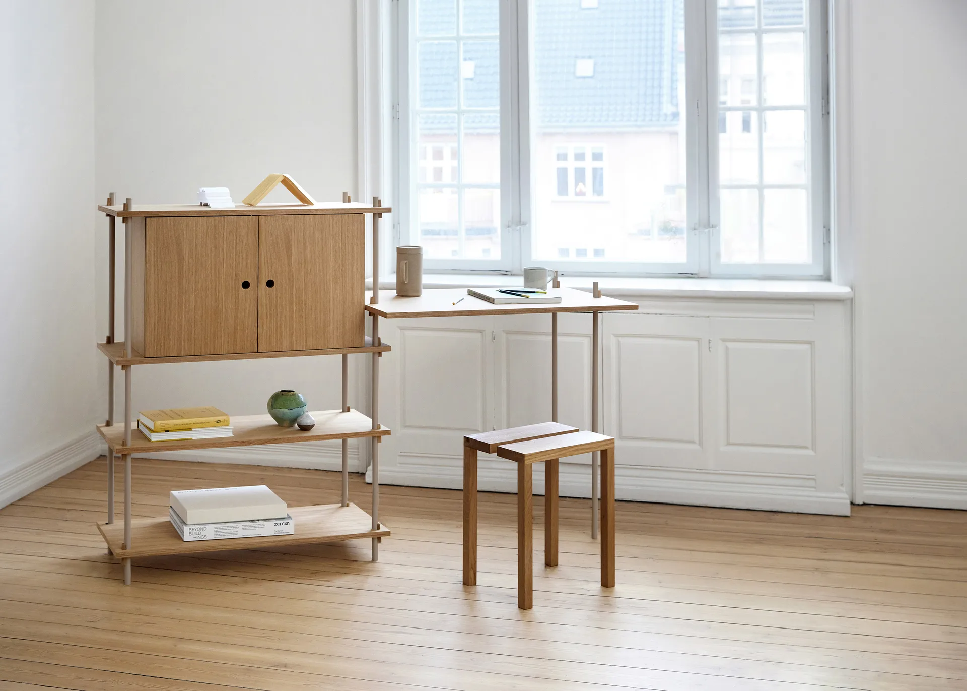 Shelving System shelf with cabinet, Smoked oak-black, 163x85x35 cm, S.85.2.C MOEBE