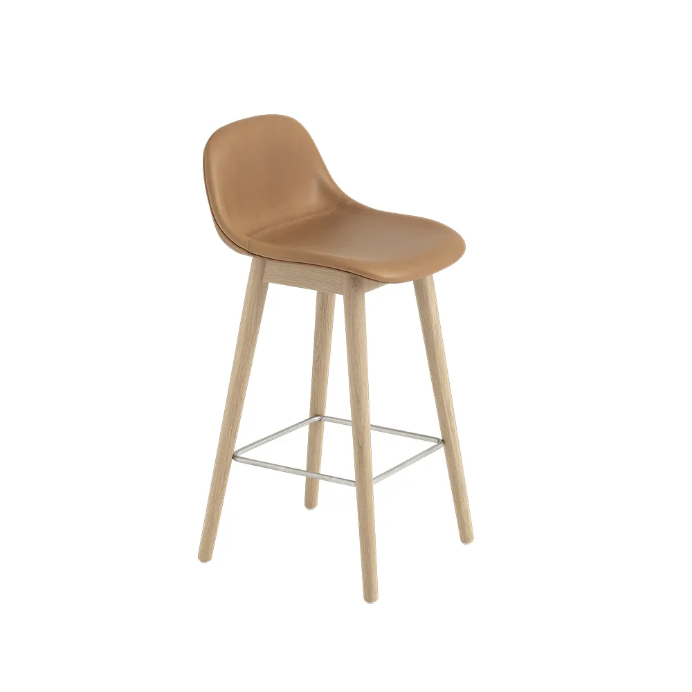 Fiber barstool with backrest 75 cm, Leather cognac-oak legs Muuto