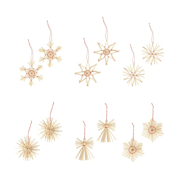 Straw Christmas tree hanging ornaments in straw, 12 pieces - Red - Scandi Living