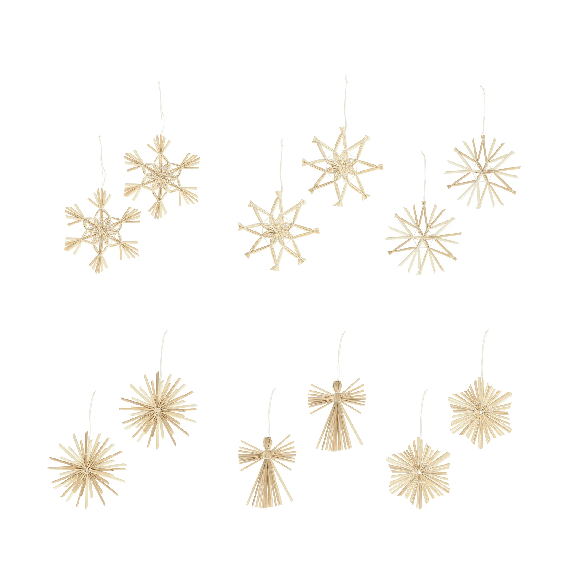 Straw Christmas tree hanging ornaments in straw, 12 pieces, White Scandi Living