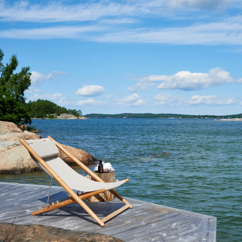H55 lounge chair teak, Sunbrella Heritage Leaf green Skargaarden
