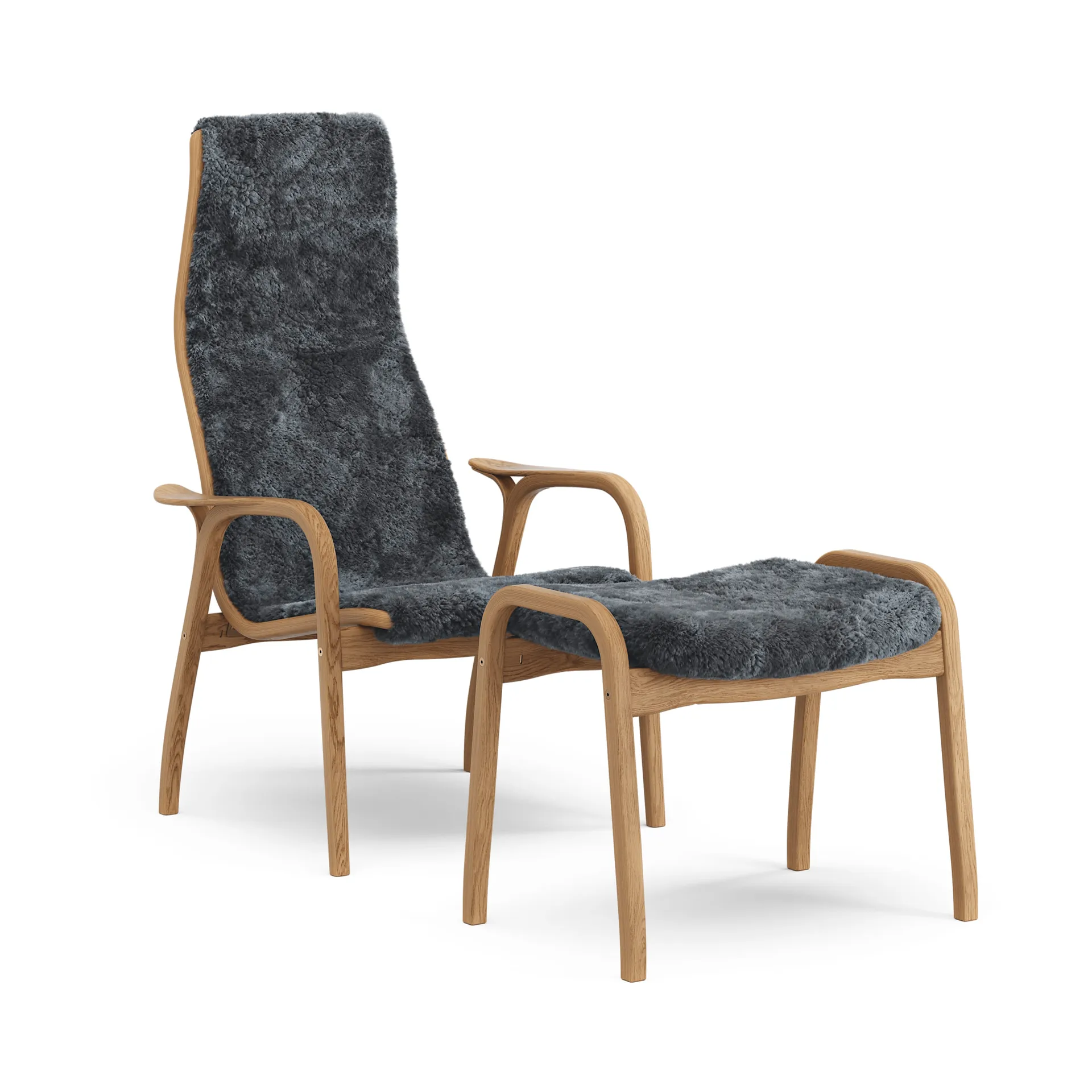 Lamino armchair and footstool, Sheepskin Charcoal-oiled oak Swedese