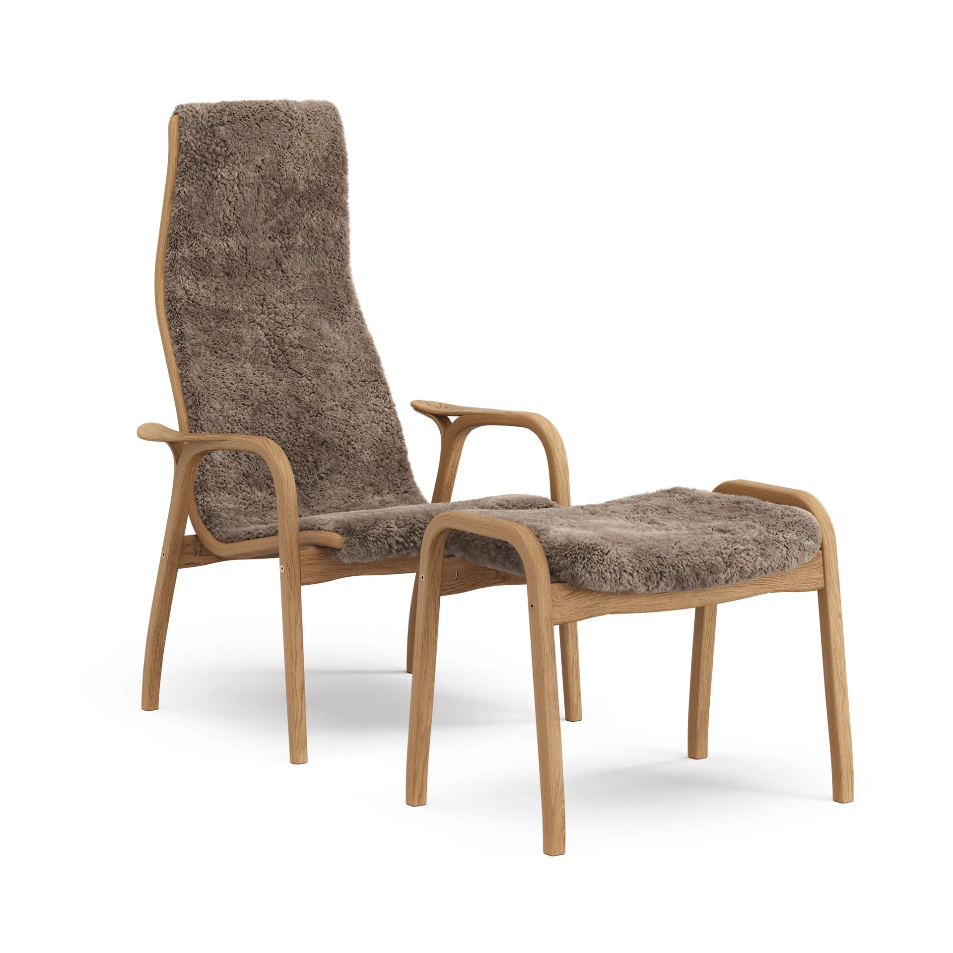 Lamino armchair and footstool, Sheepskin Sahara-oiled oak Swedese