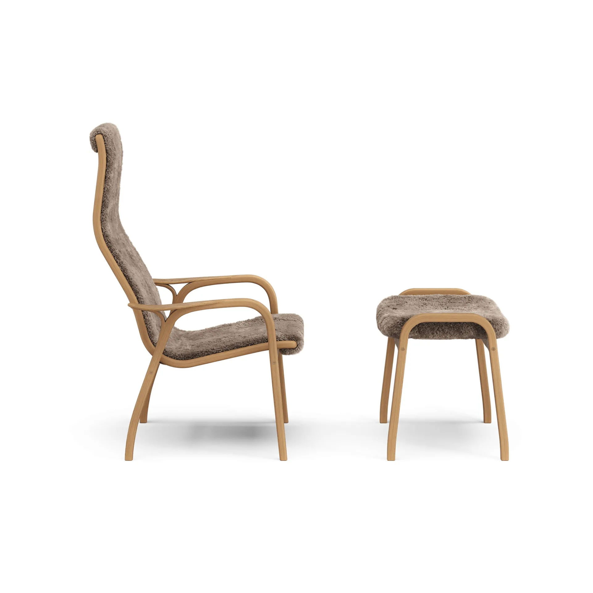 Lamino armchair and footstool, Sheepskin Sahara-oiled oak Swedese