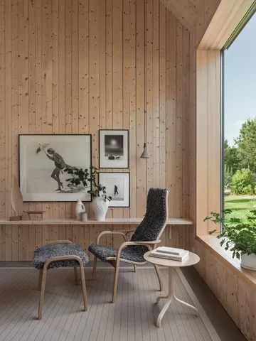 Lamino armchair and footstool - Sheepskin Sahara-oiled oak - Swedese
