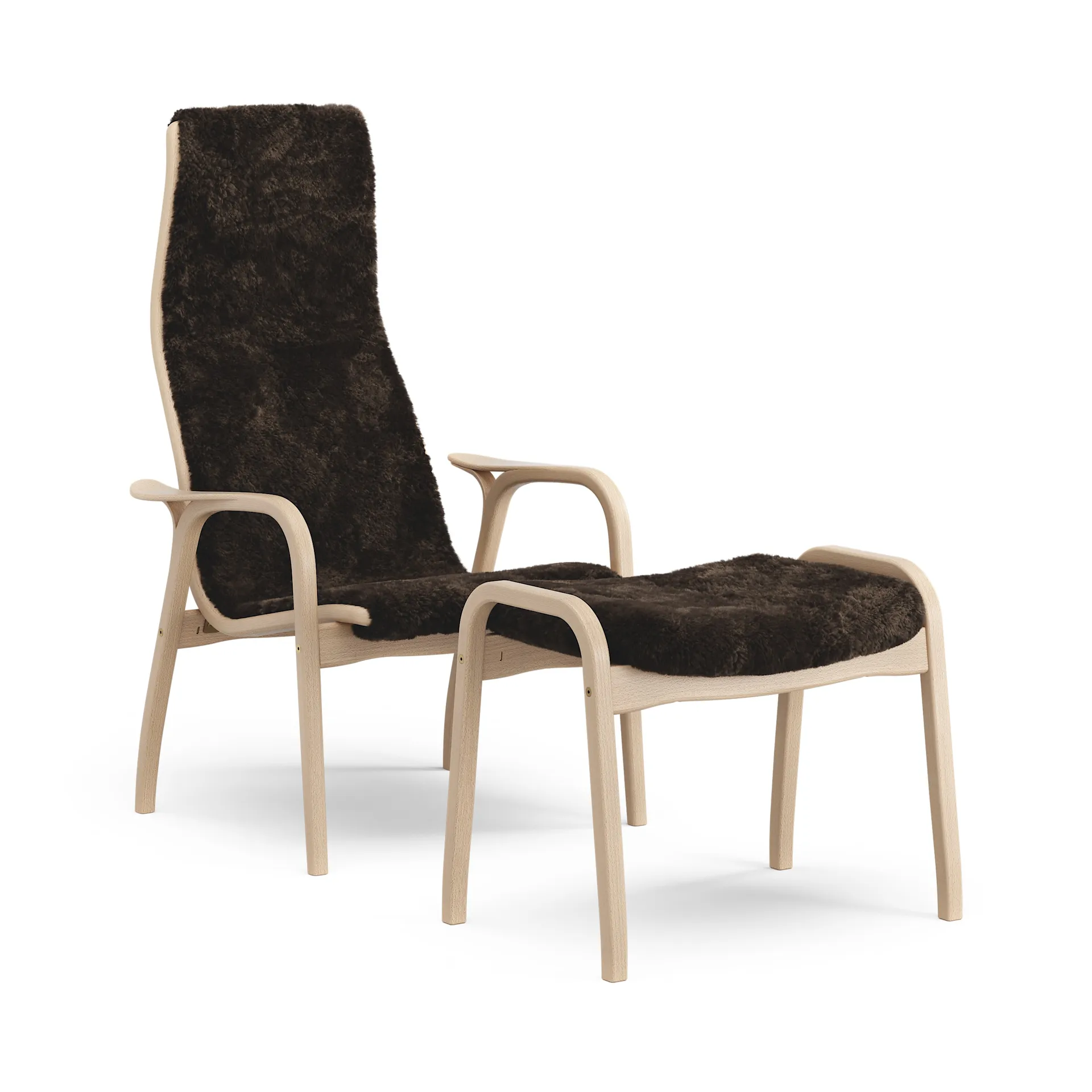 Lamino armchair and footstool varnished beech/sheepskin, Espresso (brown) Swedese