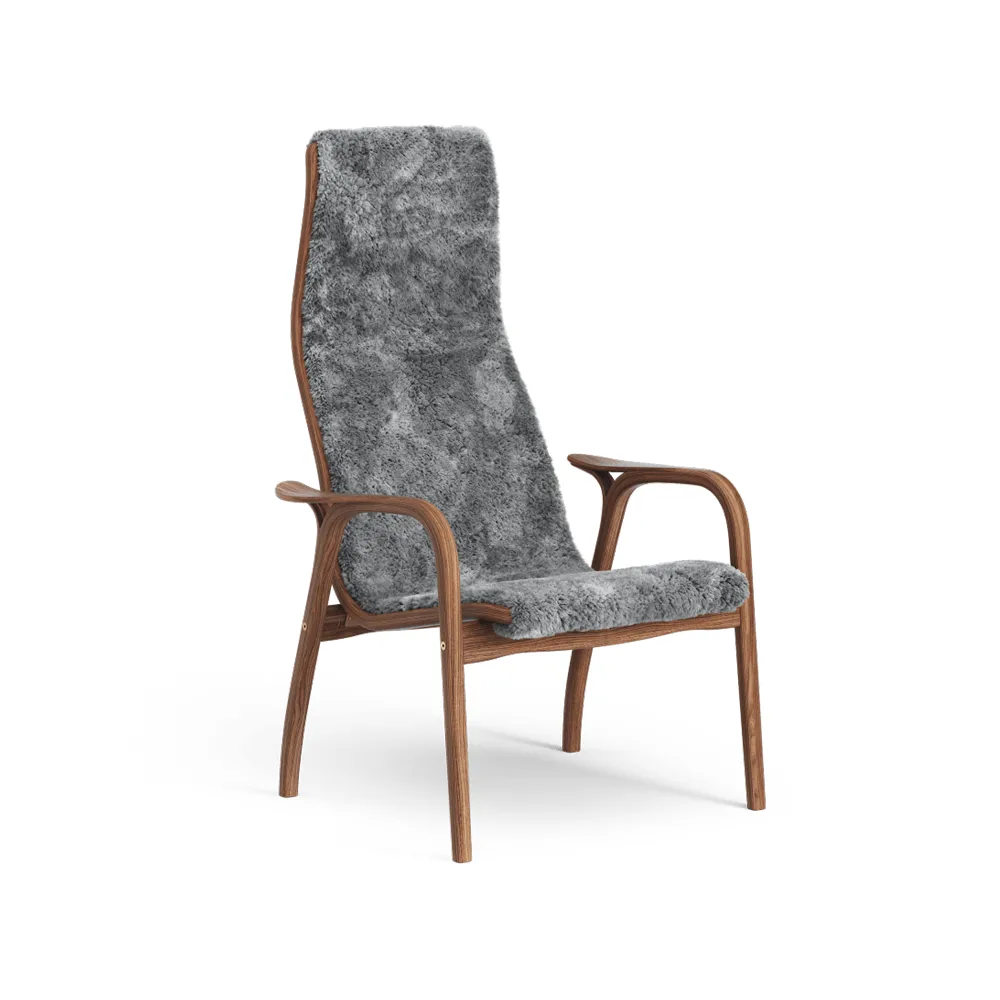 Lamino armchair, Sheepskin scandinavian grey, lacquered walnut Swedese