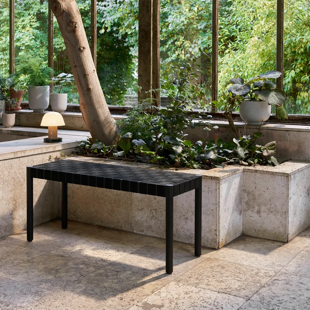 Betty TK4 bench, Black. natural braided linen seat &Tradition