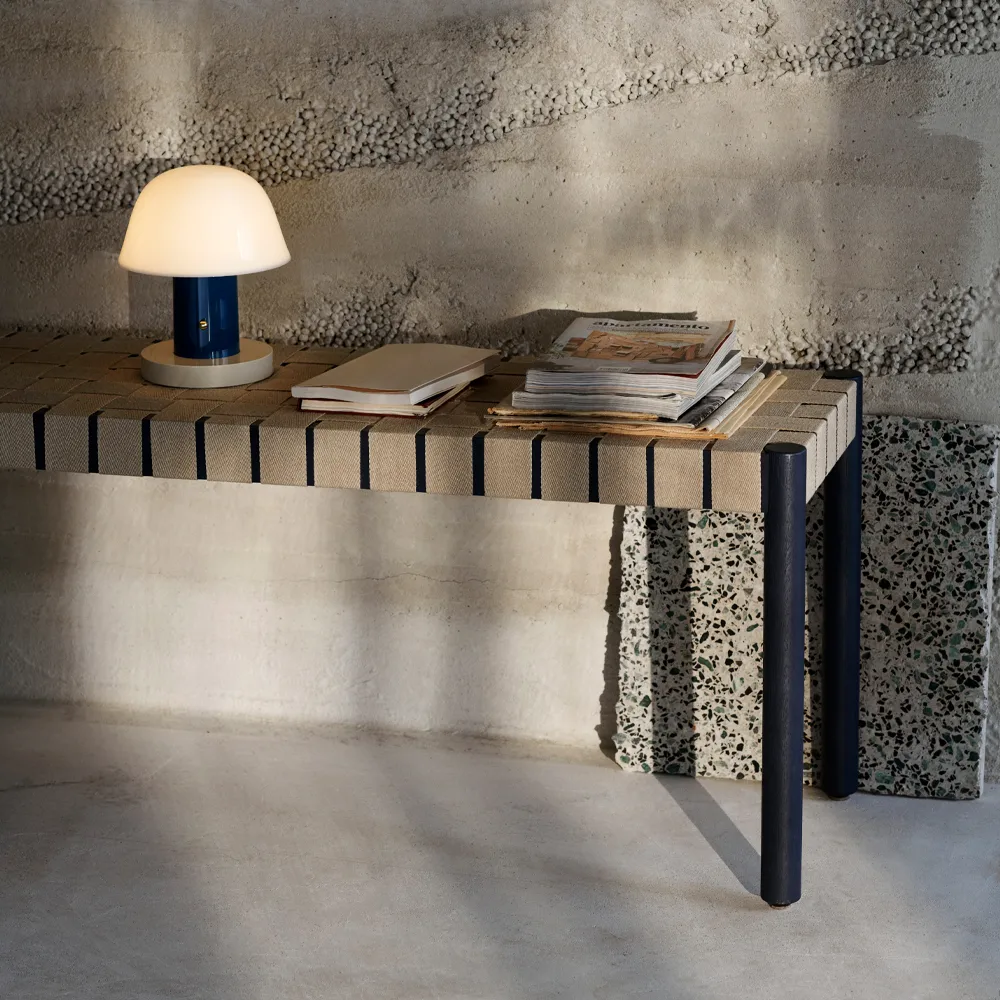 Betty TK4 bench, Black. natural braided linen seat &Tradition