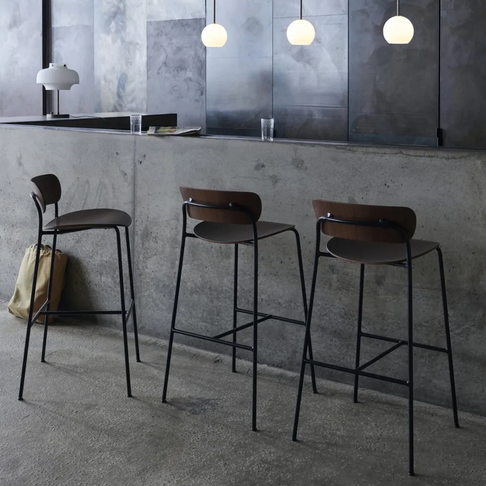 Pavilion AV9 barstool, Walnut lacquer, steel legs &Tradition