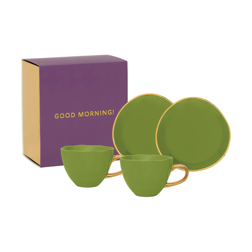 Good Morning gift set Cappuccino mug & saucer 2-pack, Evergreen sprig URBAN NATURE CULTURE