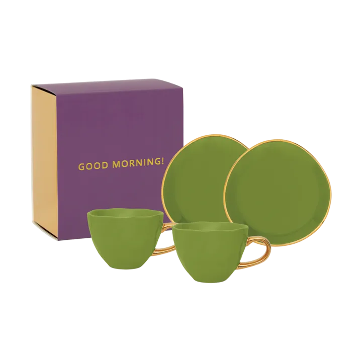 Good Morning gift set Cappuccino mug & saucer 2-pack - Evergreen sprig - URBAN NATURE CULTURE