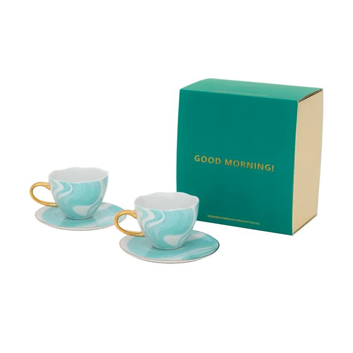 Good Morning gift set Cappuccino mug & saucer 2-pack - Valuri emerald green - URBAN NATURE CULTURE