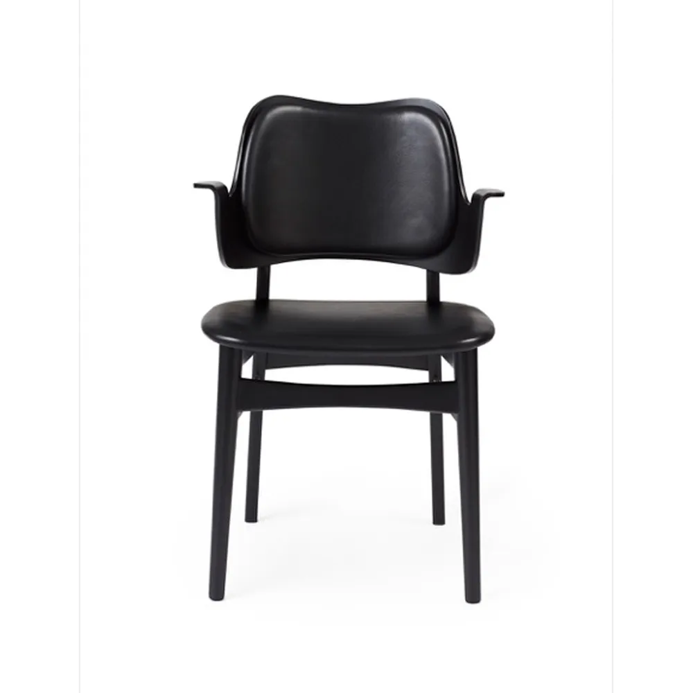 Gesture chair, upholstered seat and back, Leather prescott 207 black, black lacquered beech legs, upholstered seat, upholstered back Warm Nordic
