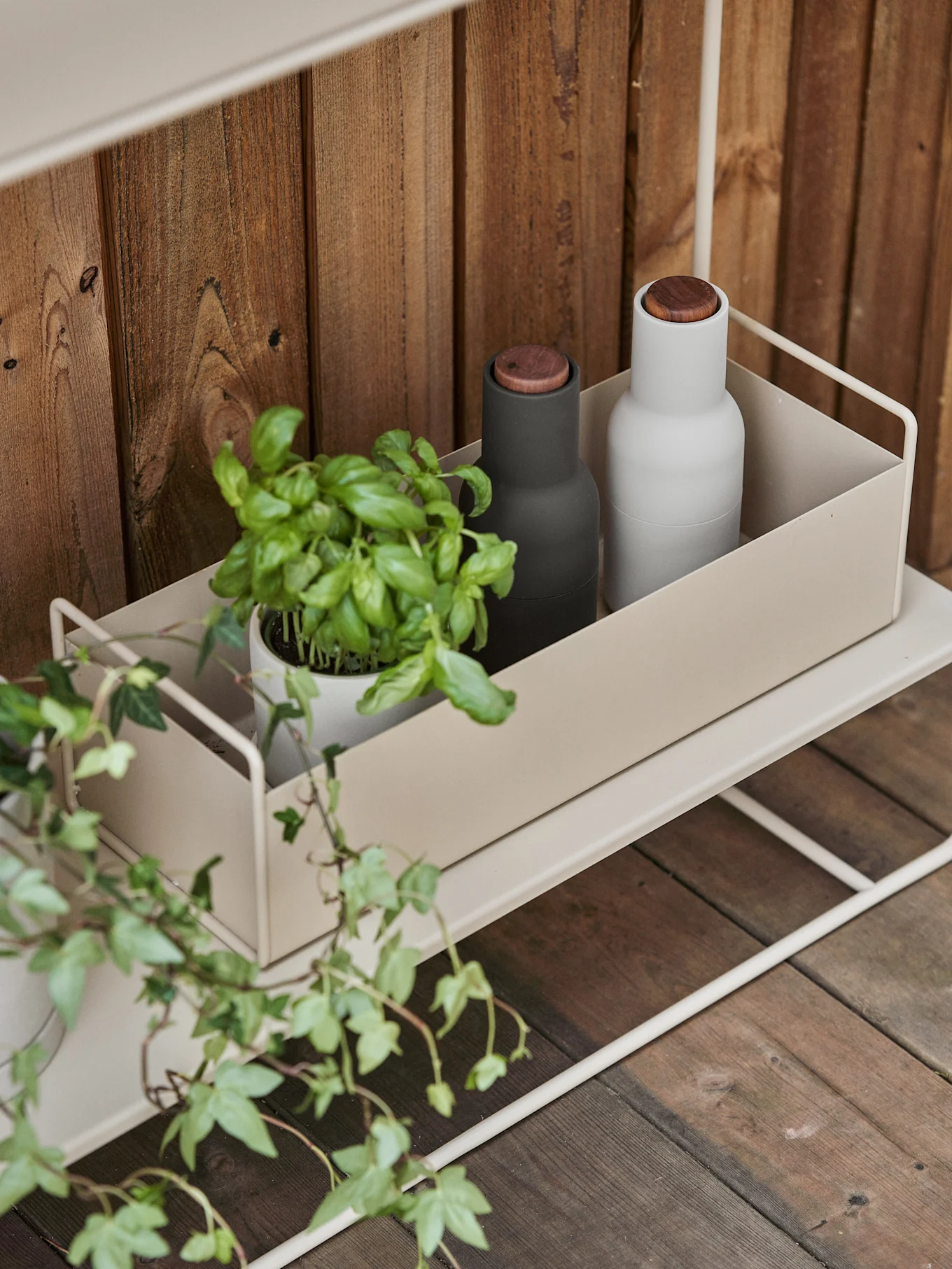 A light beige metal shelf with a container holding a basil plant, a black grinder, and a white grinder against a wooden background.