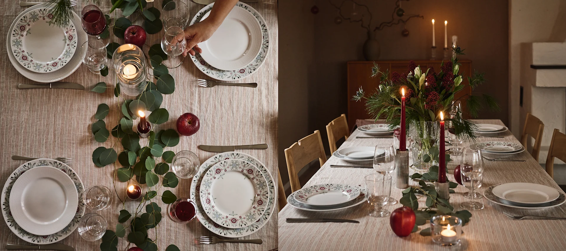 Two views of a simple Christmas table setting one from above, one from the side where you can see red candles, patterned tableware and natural table decorations.