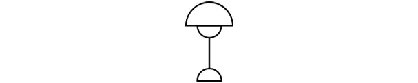 A simple line drawing of a table lamp with a domed shade and a semi-circular base.