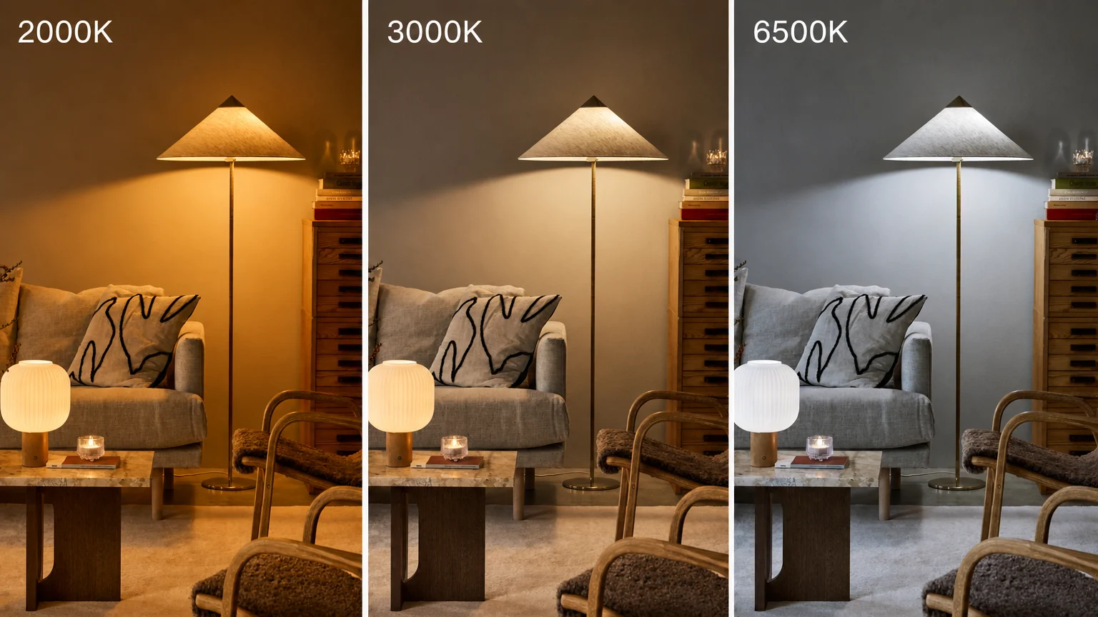 Choosing the right bulb - Illustration of the Kelvin scale with temperature from 2200K - 5000K. 