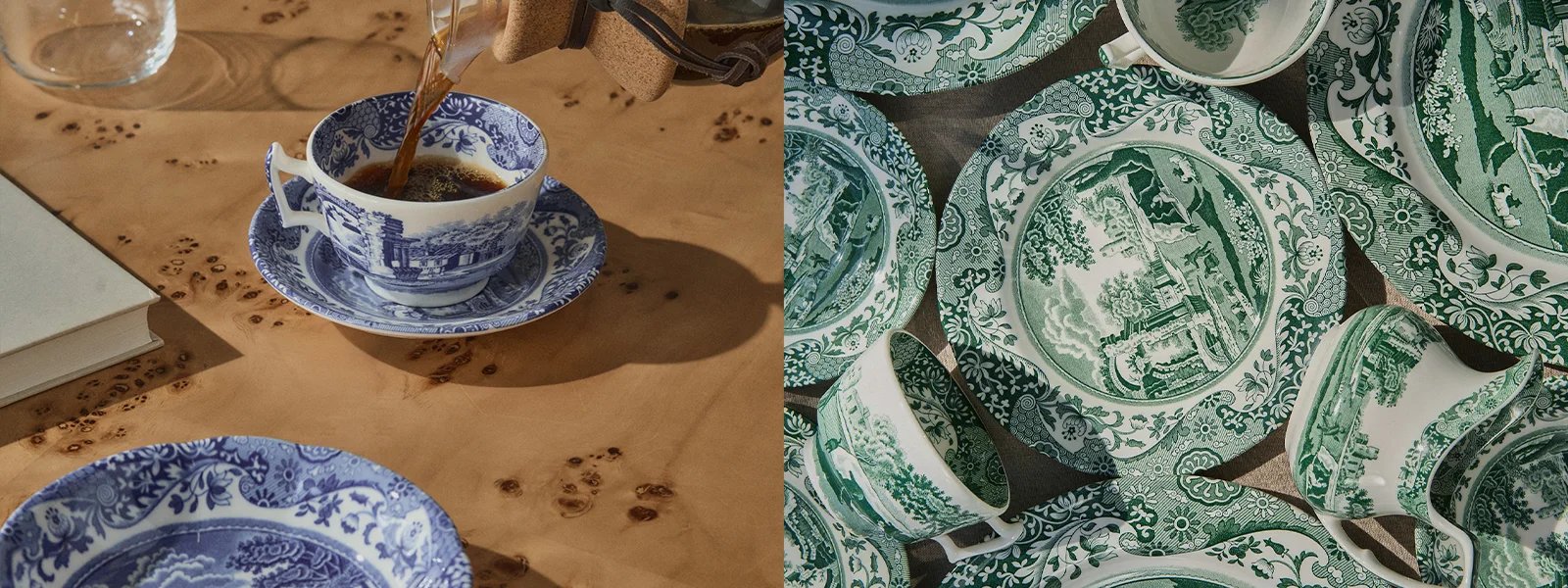 Coffee poured into a blue and white patterned teacup, alongside green and white patterned plates and cups.